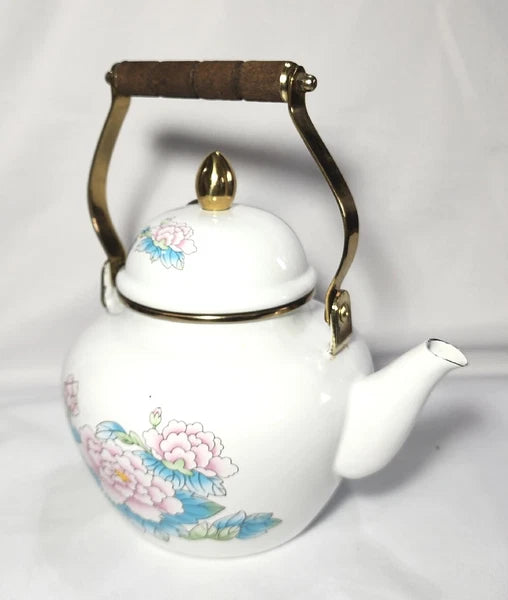 Vtg 1988 Tea Kettle Pot Enamel White Poppies Flowers Brass National Housewares
