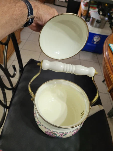 1990s Floral Enamel Tea Kettle, w Brass & ceramic Handle, Preferred stock Taiwan
