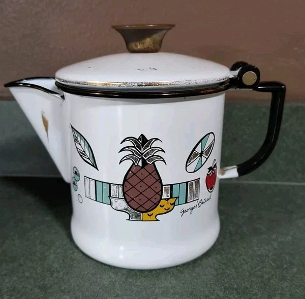 GEORGES BRIARD MCM ENAMELWARE TEA POT WHITE PINEAPPLE LEAVES STRAWBERRY BLACK