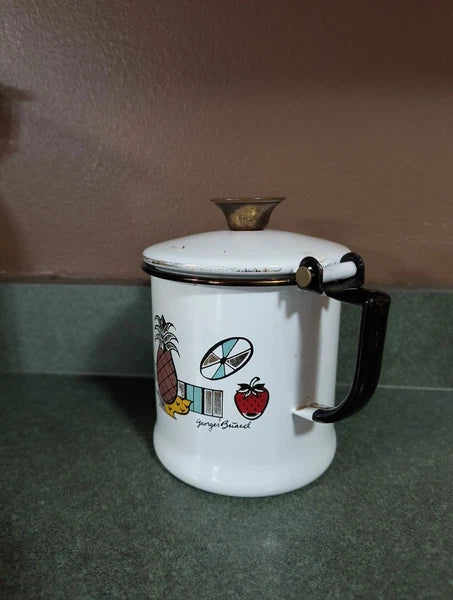 GEORGES BRIARD MCM ENAMELWARE TEA POT WHITE PINEAPPLE LEAVES STRAWBERRY BLACK