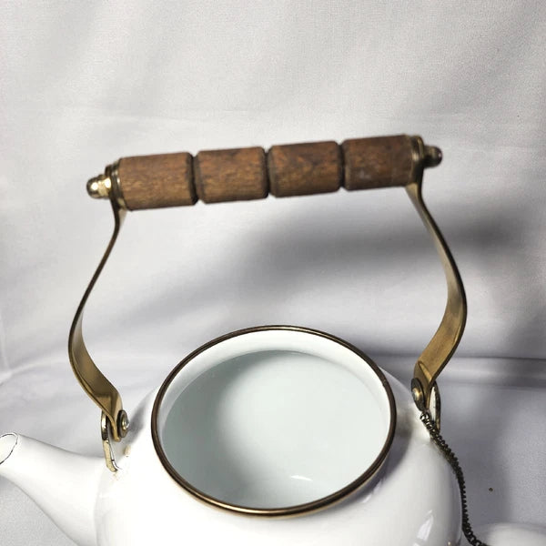 Vtg 1988 Tea Kettle Pot Enamel White Poppies Flowers Brass National Housewares