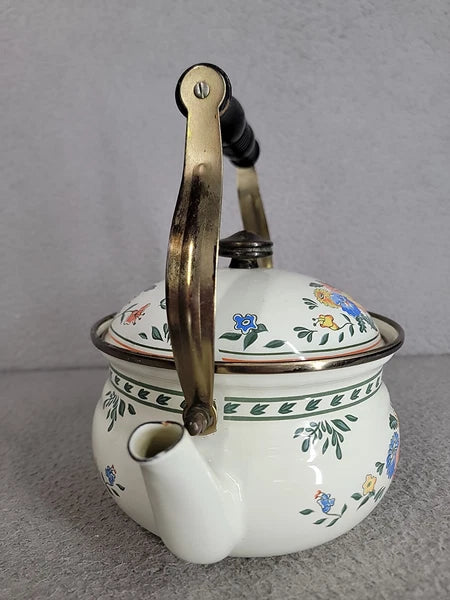 Kamenstein Enamel Floral Tea Kettle Wood Handle Vintage Kitchen Decor 1982
