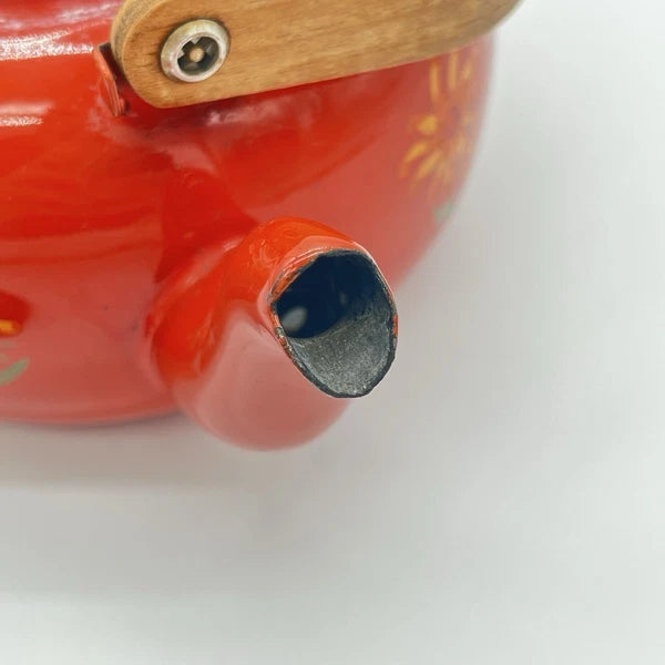 Boho Style VTG Enamel Tea Kettle Red Orange w Daisies & Teak Handle *DECOR ONLY*
