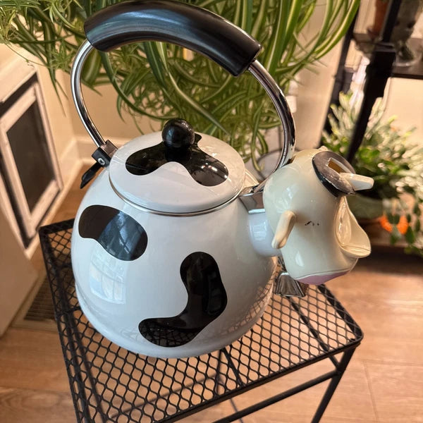 Vintage M Kamenstein Black White Cow Whistling Tea Kettle Teapot