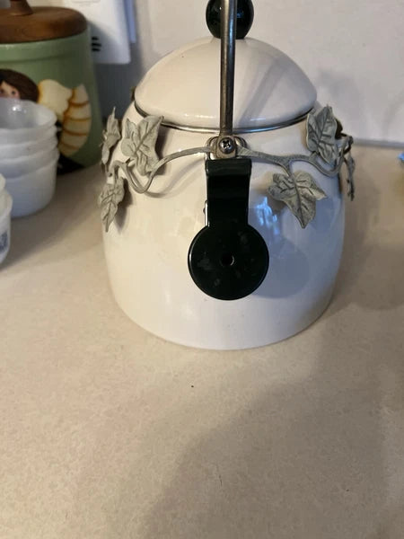 Enamel Whistling Tea Kettle Via Ancona White Ivory, Green Knob Ivy Garland
