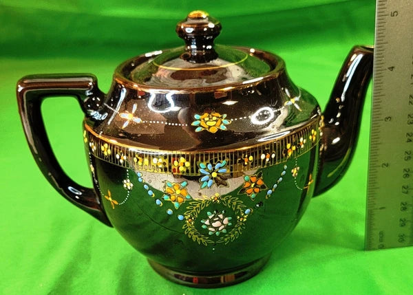 Beautiful Vtg Teapot Moriage Hand Painted Brown Glazed Pottery Occupied Japan