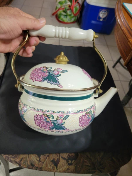 1990s Floral Enamel Tea Kettle, w Brass & ceramic Handle, Preferred stock Taiwan