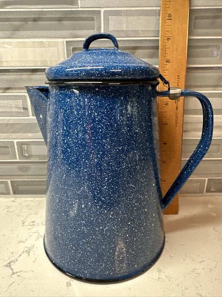 Vintage blue and white speckled enamel coffee/tea kettle 8” hiking camping RV