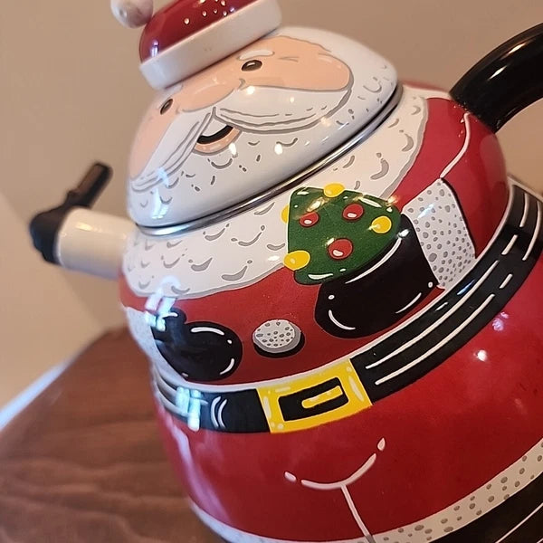 Vintage Santa Claus Enamel Whistling Tea Pot Kettle Holiday 3 Quart Christmas