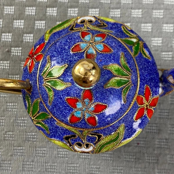 Vtg Miniature Cobalt Blue Enamel Gilded Cloisonne Floral Metal Back Teapot & Lid