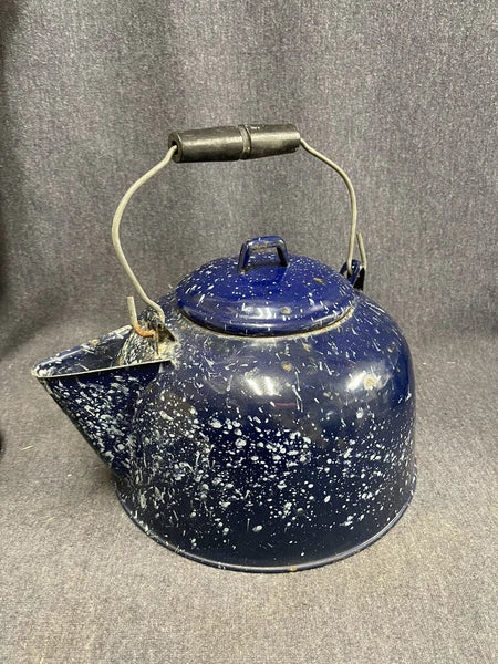 LARGE 9.25” Vintage Retro Enamelware Teapot Blue Speckled Enamel Granite Ware