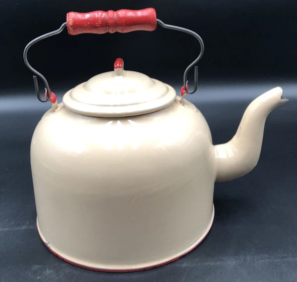Vintage Enamel Large Tea Kettle, Beige With Red Trim And Red Handle
