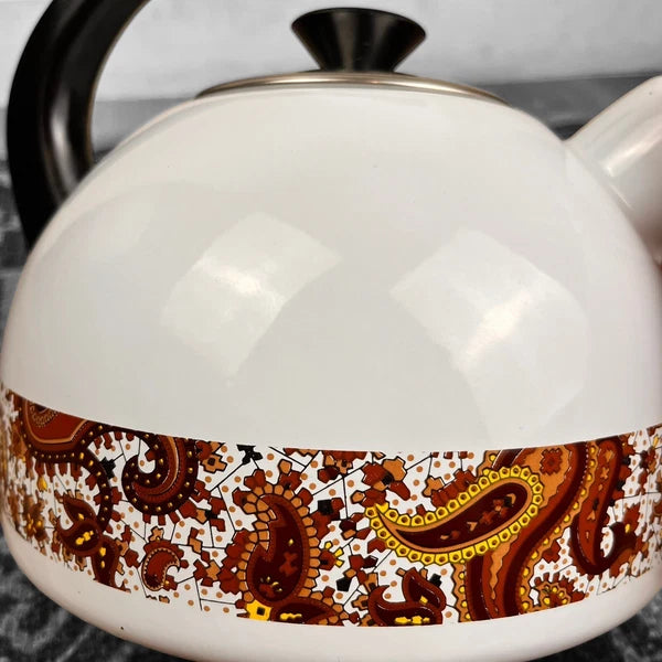 70's Design White Enamel Metal Whistling Tea Coffee Kettle Paisley Brown White