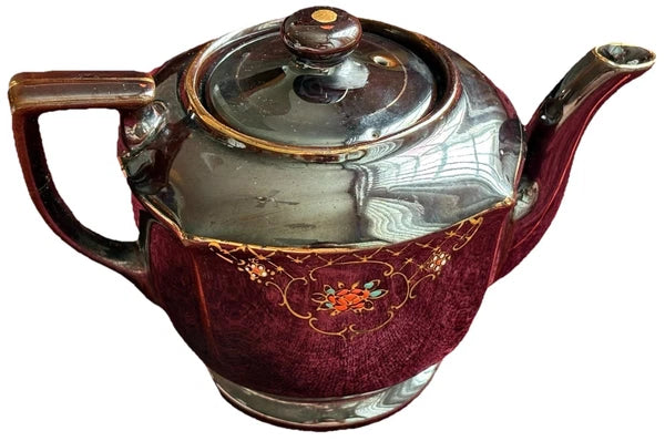 Vtg Japanese Redware Teapot Brown Betty Moriage Enamel Hand Painted Deco 2 Chips