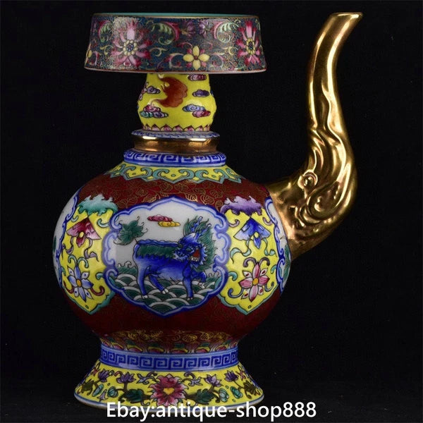 Qianlong Colour Enamel Porcelain Gilt Kylin Qilin Chilin Dragon Beast Kettle Pot