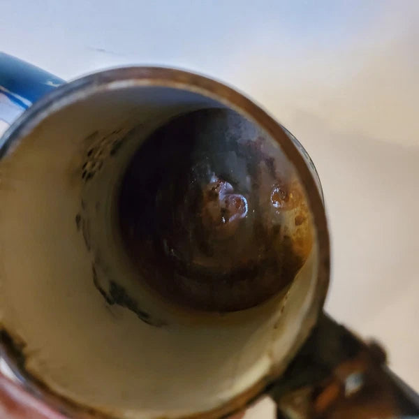 Antique Enamelware Coffee Pot Hinged Lid Seamless Original Turquoise Swirl 9"