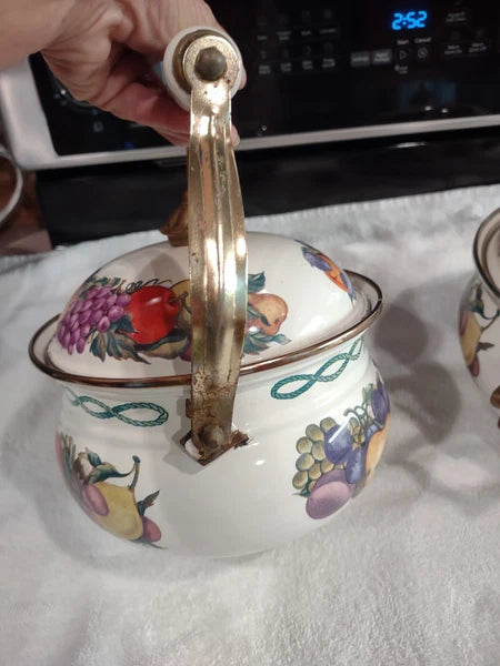 Vintage Cornucopia Set Of 3 Pot Tea Kettle Dutch Oven Enamel Steel Brass Lids