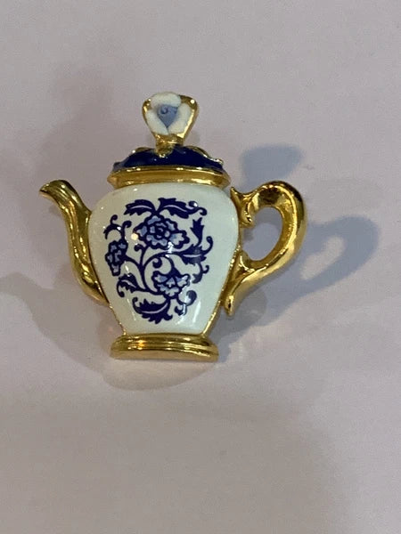 Avon Teapot Pin Brooch Blue And White Porcelain Enamel Vintage