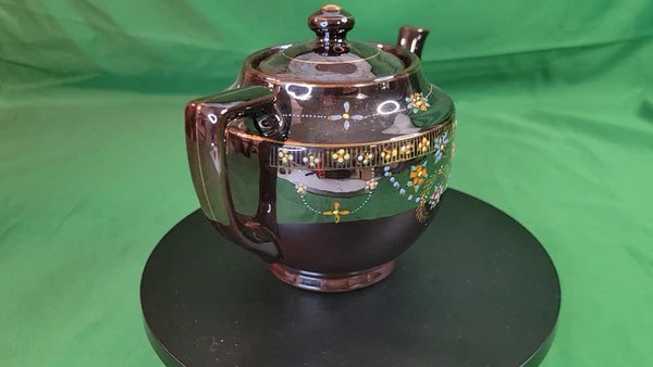 Beautiful Vtg Teapot Moriage Hand Painted Brown Glazed Pottery Occupied Japan