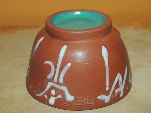 Chinese Yixing Zisha 2.75" Cup enamel / paint turquoise interior Antique