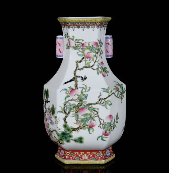 30CM Yongzheng Signed Old Chinese Colour Enamel Vase W/peach N3423
