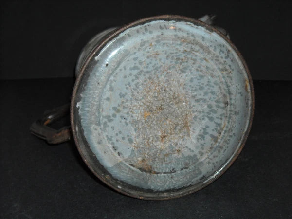 Early Grey Graniteware Teapot Enamel Ware - Primitive Elaborate Metal Handle