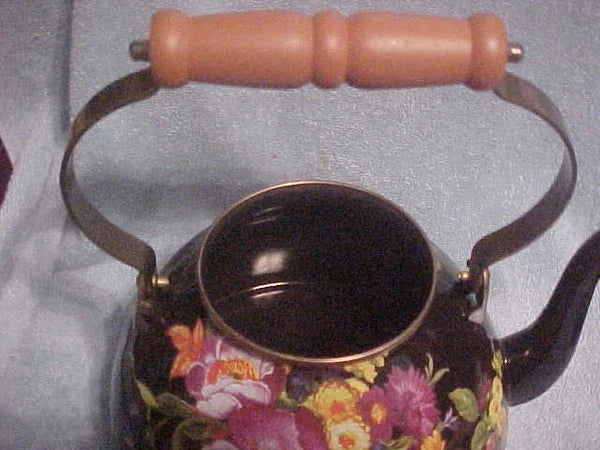 MacKENZIE CHILDS 3 QT BLACK FLOWER MARKET TEA KETTLEMINT