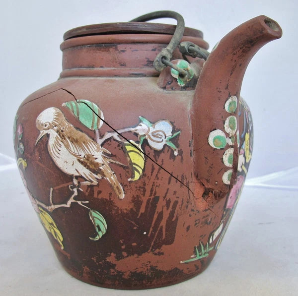 Big 7.7" Old Chinese YIXING Clay Teapot w/ Enameled Bird, Flowers & Dignitaries