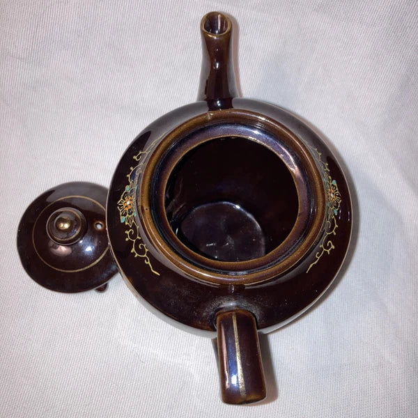 Brown Ceramic Tea Pot with Lid - Gold Trim Enameled Flowers 5 1/2" Made inJapan