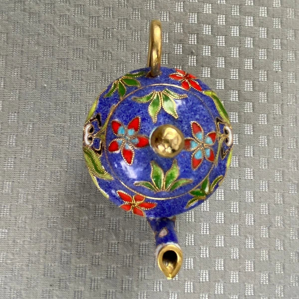 Vtg Miniature Cobalt Blue Enamel Gilded Cloisonne Floral Metal Back Teapot & Lid