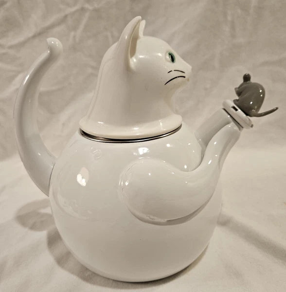 Vintage 1980s Copco White Cat and Gray Mouse Enamelware 2 ½ QT Tea Kettle