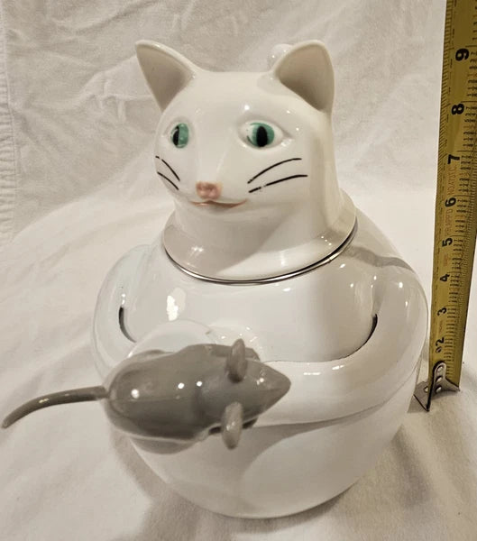 Vintage 1980s Copco White Cat and Gray Mouse Enamelware 2 ½ QT Tea Kettle