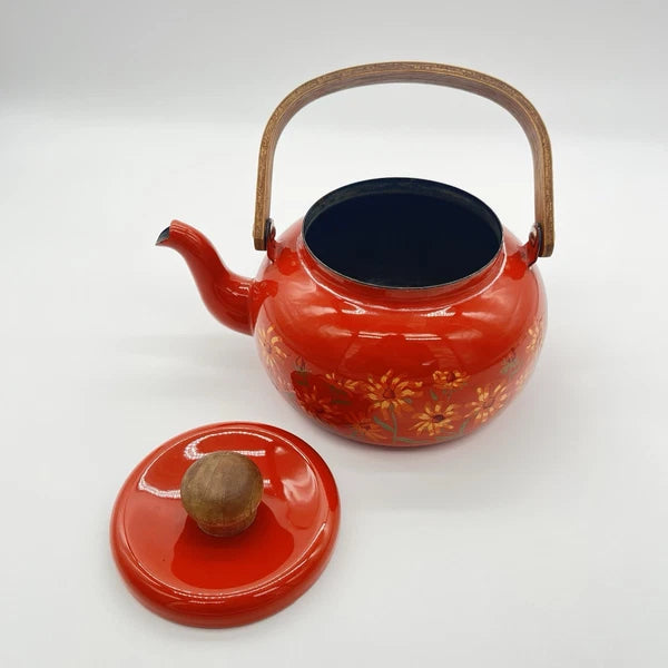 Boho Style VTG Enamel Tea Kettle Red Orange w Daisies & Teak Handle *DECOR ONLY*