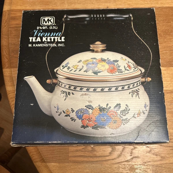 2 1/2 Qt (2.3L) Vienna Floral Enamel Tea Kettle By M. Kamenstein Inc NOS 1980