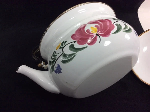 Vintage Enameled Metal Floral Teapot / Kettle Ceramic Handle + Brass Knob