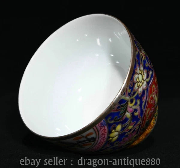 3" Ancient China Qianlong Marked Colour Enamel Porcelain Flower Bird Taecup Pair