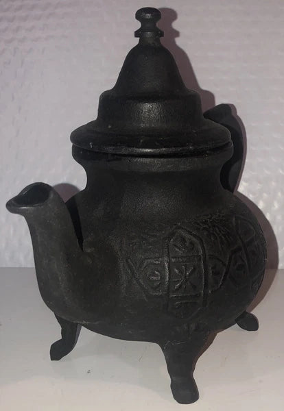 Ornate Vintage Cast Iron/Enamel Moroccan Style Tea Kettle 8" w/strainer basket