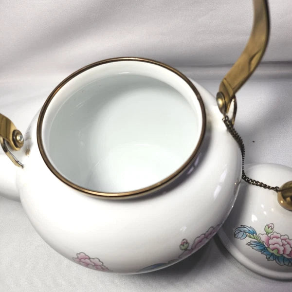 Vtg 1988 Tea Kettle Pot Enamel White Poppies Flowers Brass National Housewares