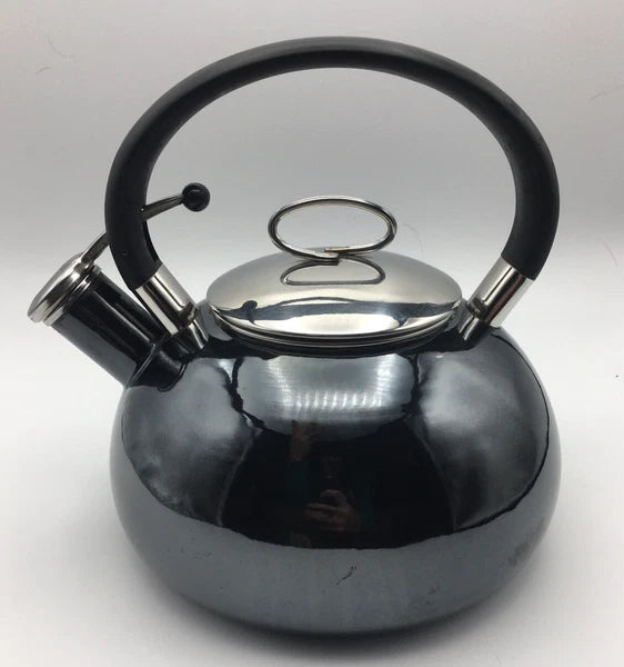 COPCO 2qt Black Enamel Whistling Teapot Kettle Chrome Top Mid Century Modern MCM