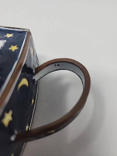 MINI ENAMEL TEA KETTLE TEAPOT KELVIN CHEN 1999 DECORATIVE CAT STARS RETIRED