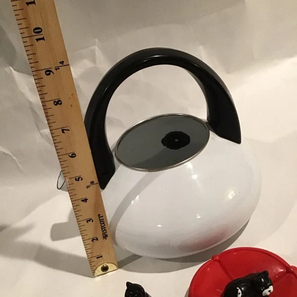 Red And White Enamel Kitty Cat Tea Kettle W/ Small Repair - Discounted