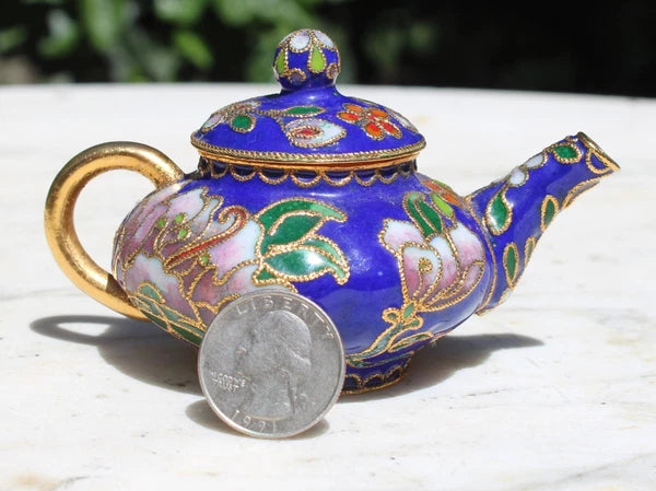 Vintage Cloisonne Blue Floral Enamel on Metal Miniature Decorative Teapot