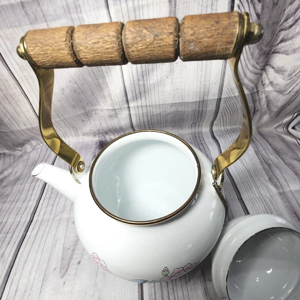 Vtg 1988 Tea Kettle Pot Enamel White Poppies Flowers Brass National Housewares