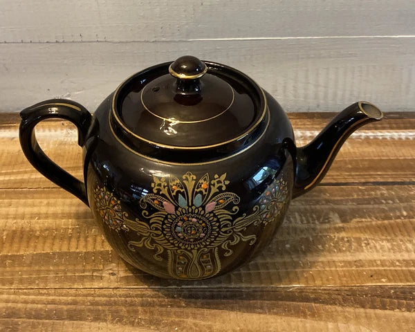 Vintage Gibson & Sons Marina Teapot w/ Lid Black Gold Enamel Burslem England