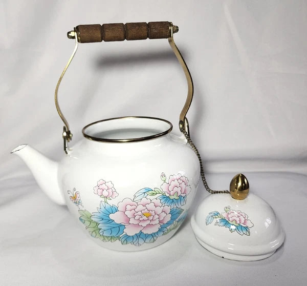 Vtg 1988 Tea Kettle Pot Enamel White Poppies Flowers Brass National Housewares