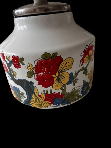 Vintage Retro Mod Bright Floral Enamel Tea Kettle MCM Teapot Flowers
