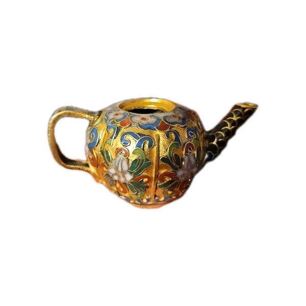 Miniature Pumpkin Cloisonné Enameled Teapot With Base Multicolor Floral