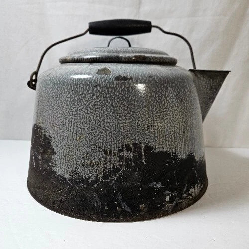 Antique Gray Enamelware Teapot Cowboy Camp Tea Kettle