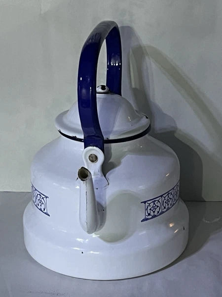 Vintage French Country Enamel tea kettle, "Copenhagen" 1960s Blue White Bistro
