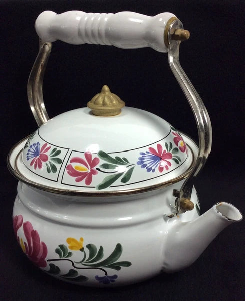 Vintage Enameled Metal Floral Teapot / Kettle Ceramic Handle + Brass Knob